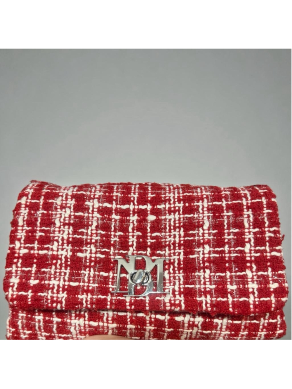 NWT Badgley Mischka Red and White Tweed Shoulder Bag with Silver Chain
